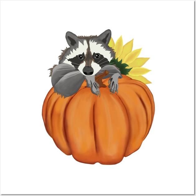 Raccoon, Pumpkin and Sunflower Wall Art by KateQR